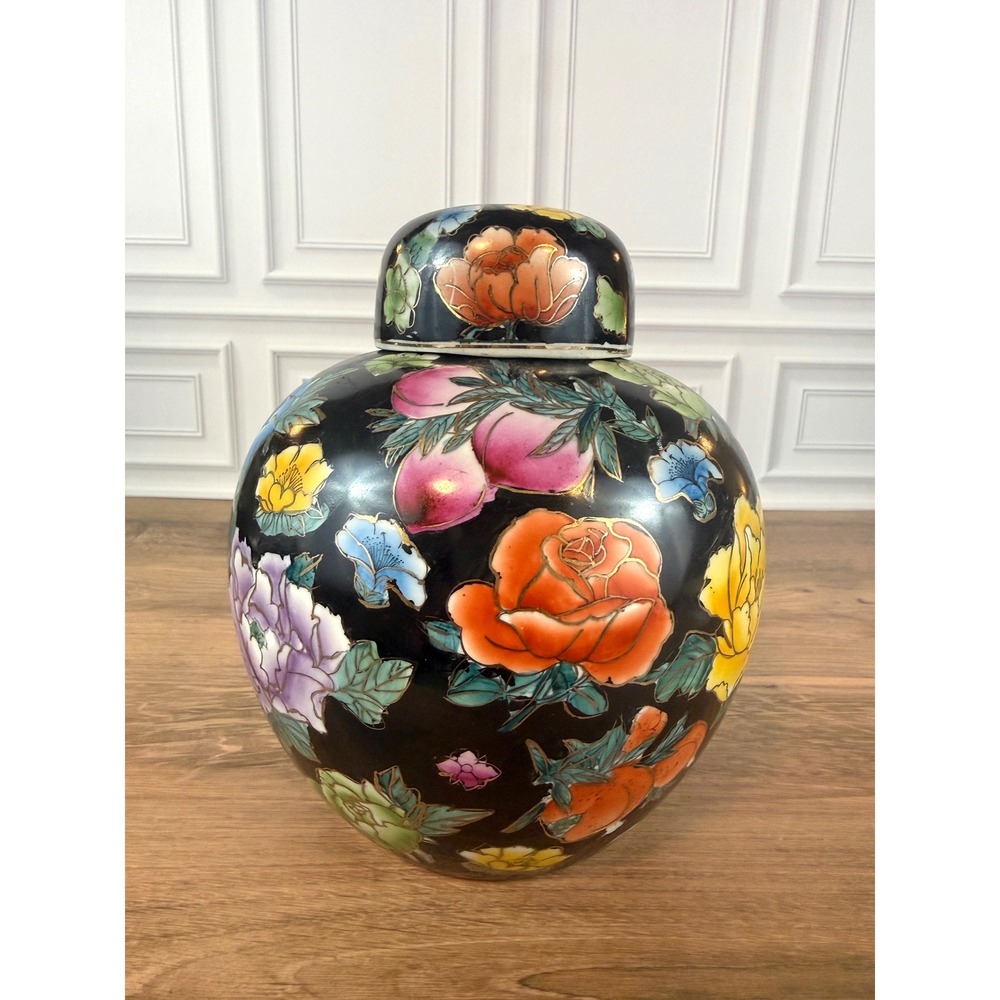 VTG Chinese Black Famille Noir Floral Porcelain Ginger Jasmine Lidded 7" Jar